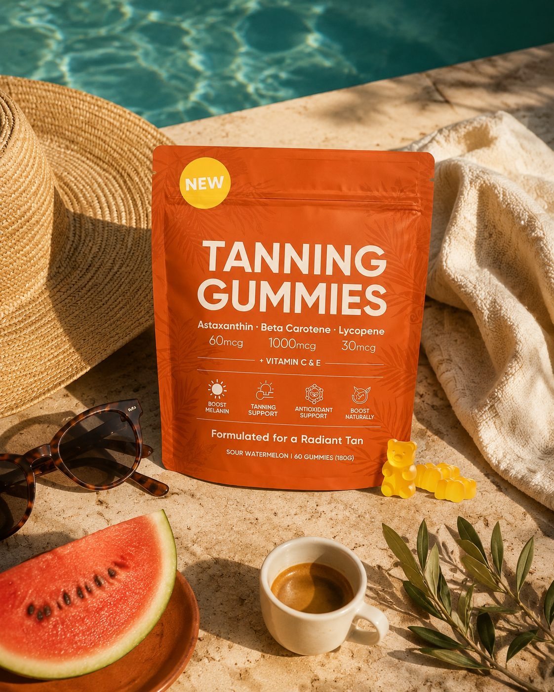 Solara tanning gummies pouch beside hat, sunglasses and watermelon by a pool