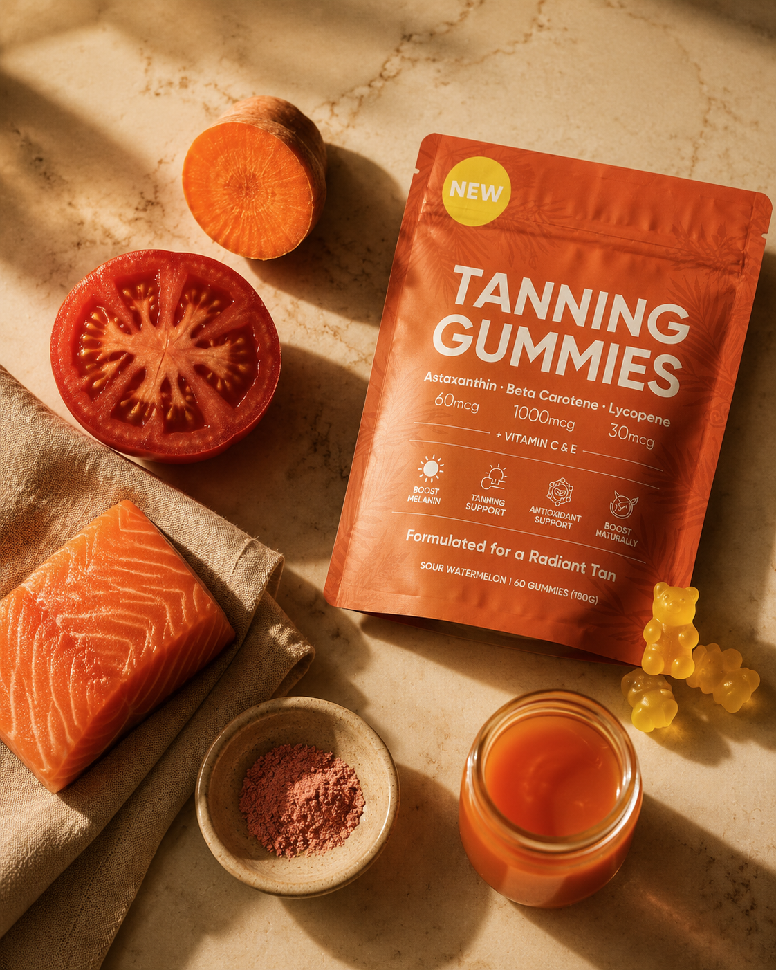 Tanning gummies pouch surrounded by carotenoid-rich foods: carrot, tomato, salmon, sweet potato